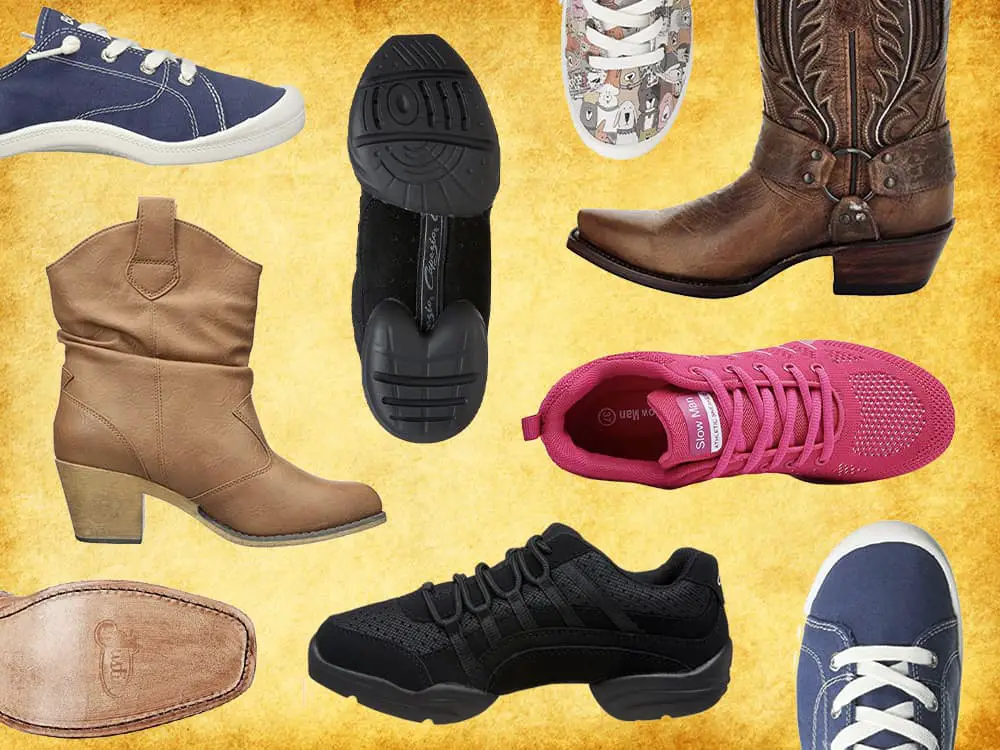 Picture of various types of shoes & boots for line dancing from sneakers to boots.