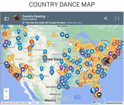 Country Dance Map - Interactive Google Map of nearly every place for good country dancing and line dancing in the United States.